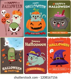 Vintage Halloween poster design with vector witch, zombie, bat, ghost, cat, demon, eyeball, Jack O Lantern, monster character.  