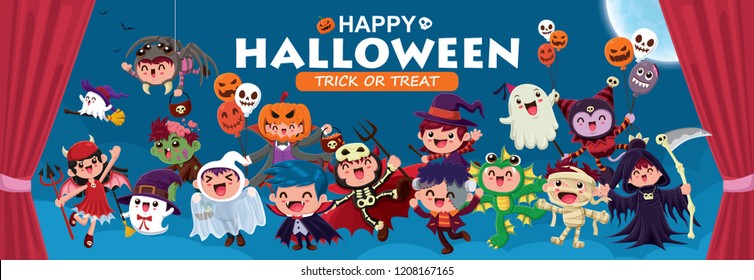 Vintage Halloween poster design with vector vampire, mummy, witch, zombie, bat, ghost, demon, Jack O Lantern, reaper, spider, sea creature, monster character.  