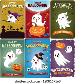 Vintage Halloween poster design with vector witch, bat, ghost, demon, Jack O Lantern, monster character.  