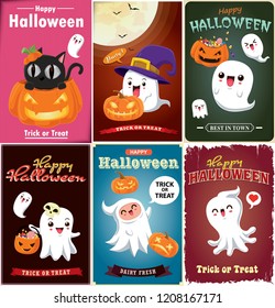 Vintage Halloween poster design with vector witch, bat, ghost, cat, demon, Jack O Lantern, monster character.  