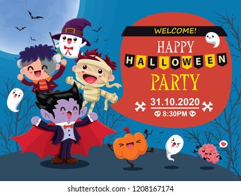 Vintage Halloween poster design with vector witch, ghost, mummy, zombie, demon, Jack O Lantern, monster character.  