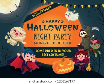 Vintage Halloween poster design with vector witch, ghost, mummy, zombie, demon, Jack O Lantern, reaper, monster character.  