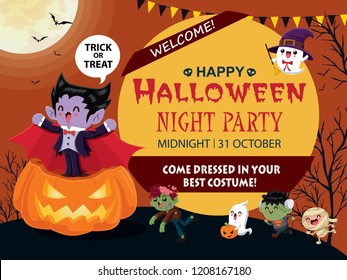 Vintage Halloween poster design with vector witch, ghost, mummy, zombie, demon, Jack O Lantern, monster character.  