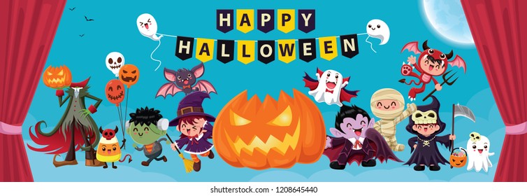 Vintage Halloween poster design with vector vampire, mummy, witch, zombie, bat, ghost, demon, Jack O Lantern, reaper, bat, monster character.  