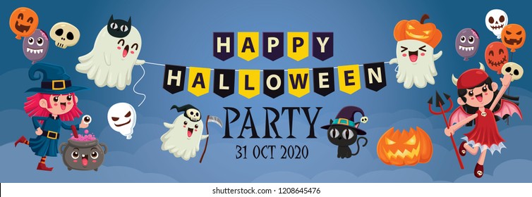 Vintage Halloween poster design with vector witch, zombie, bat, ghost, demon, Jack O Lantern, reaper, cat, monster character.  