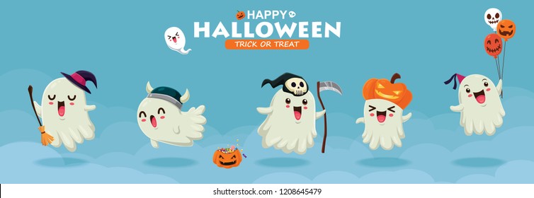 Vintage Halloween poster design with vector witch, ghost, demon, Jack O Lantern, reaper, monster character.  