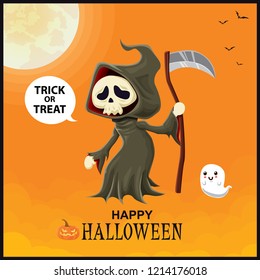 Vintage Halloween poster design with vector reaper character. 