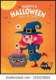 Vintage Halloween poster design with vector witch, cat & ghost character. 