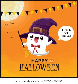 Vintage Halloween poster design with vector ghost character. 