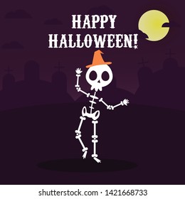 Vintage Halloween poster design with vector vampire character with orange magic hat and halloween bacground