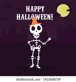 Vintage Halloween poster design with vector vampire character with orange magic hat and halloween bacground