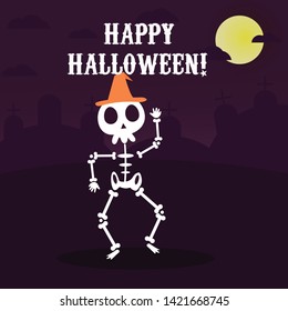 Vintage Halloween poster design with vector vampire character with orange magic hat and halloween bacground