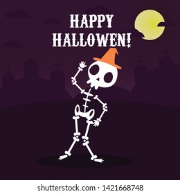 Vintage Halloween poster design with vector vampire character with orange magic hat and halloween bacground