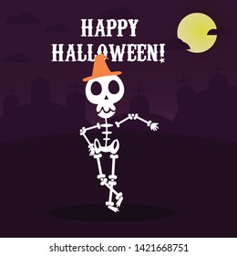 Vintage Halloween poster design with vector vampire character with orange magic hat and halloween bacground