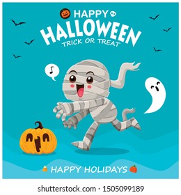 Vintage Halloween poster design with vector mummy, ghost character. 