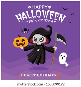 Vintage Halloween poster design with vector reaper, pumpkin, ghost character. 