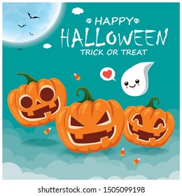 Vintage Halloween poster design with vector ghost, pumpkin character. 