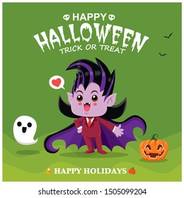 Vintage Halloween poster design with vector vampire, ghost, pumpkin character. 