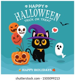 Vintage Halloween poster design with vector cat, ghost, pumpkin character. 