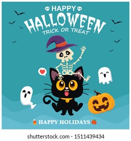 Vintage Halloween poster design with vector skeleton, cat, ghost, pumpkin character. 