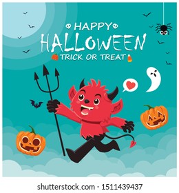 Vintage Halloween poster design with vector demon, ghost, pumpkin character. 