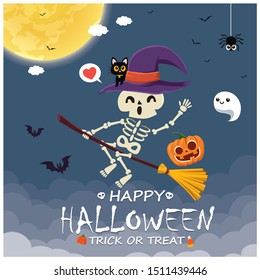 Vintage Halloween poster design with vector skeleton, witch, ghost, pumpkin character. 