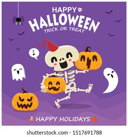 Vintage Halloween poster design with vector skeleton, ghost, pumpkin character. 