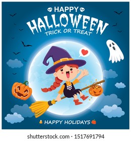 Vintage Halloween poster design with vector witch, pumpkin, ghost, spider character. 