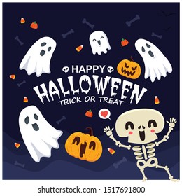 Vintage Halloween poster design with vector skeleton, ghost, pumpkin character. 