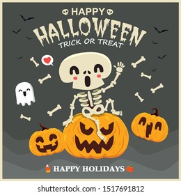 Vintage Halloween poster design with vector skeleton, ghost, pumpkin character. 