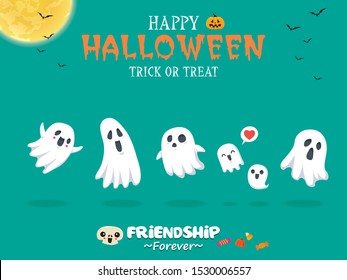 Vintage Halloween poster design with vector ghost character. 