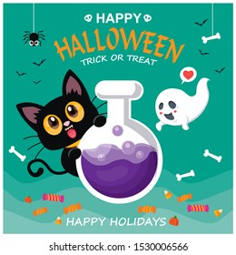 Vintage Halloween poster design with vector ghost, pumpkin character. 