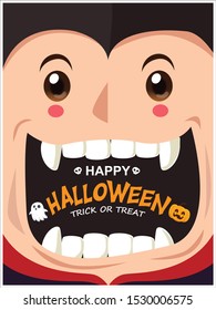 Vintage Halloween poster design with vector vampire, ghost, pumpkin character. 
