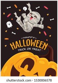 Vintage Halloween poster design with vector mummy, ghost character. 