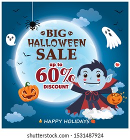 Vintage Halloween poster design with vector witch, pumpkin, ghost, character. 