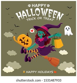 Vintage Halloween poster design with vector witch, pumpkin, ghost, spider character. 