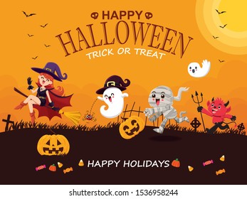 Vintage Halloween poster design with vector mummy, witch, demon, ghost, pumpkin character. 