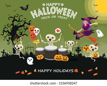 Vintage Halloween poster design with a vector witch, skeleton, ghost, pumpkin character. 
