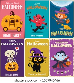 Vintage Halloween poster design with vector vampire, witch, demon, cat, skeleton, ghost, pumpkin character. 