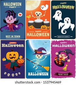 Vintage Halloween poster design with vector vampire, jack o lantern, witch, skeleton, ghost, pumpkin, cat character. 