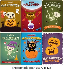 Vintage Halloween poster design with vector witch, skeleton, ghost, vampire, owl, pumpkin, character. 