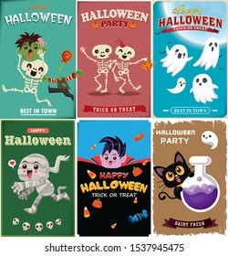 Vintage Halloween poster design with vector zombie, skeleton, ghost, mummy, vampire, pumpkin, potion character. 