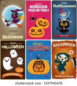 Vintage Halloween poster design with vector witch,reaper, skeleton, cat, ghost, pumpkin, character. 