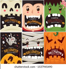 Vintage Halloween poster design with vector vampire, mummy,zombie, skeleton, ghost, pumpkin character. 