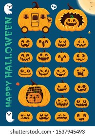 Vintage Halloween poster design with vector pumpkin, skeleton, ghost, pumpkin character. 