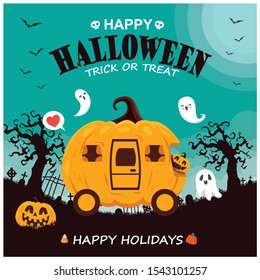 Vintage Halloween poster design with vector Jack o lantern, ghost, pumpkin character. 