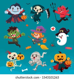 Vintage Halloween Poster Design With Vector Vampire, Reaper, Demon, Witch, Zombie, Ghost, Skeleton, Mummy, Pumpkin, Jack O Lantern, Character Set. 