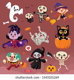 Vintage Halloween poster design with vector vampire, reaper, demon, witch, crown, ghost, skeleton, mummy, pumpkin, jack o lantern, character set. 