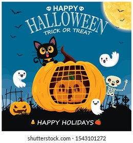 Vintage Halloween poster design with vector Jack o lantern, ghost, pumpkin character. 