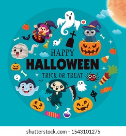 Vintage Halloween poster design with vector vampire, reaper, witch, owl, mummy, demon, ghost, skeleton, spider, pumpkin, jack o lantern, character set. 